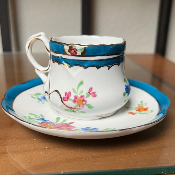 Limoges China White Floral Teacup & Saucer Gold Scroll England Blue Border Vtg - Picture 3 of 14